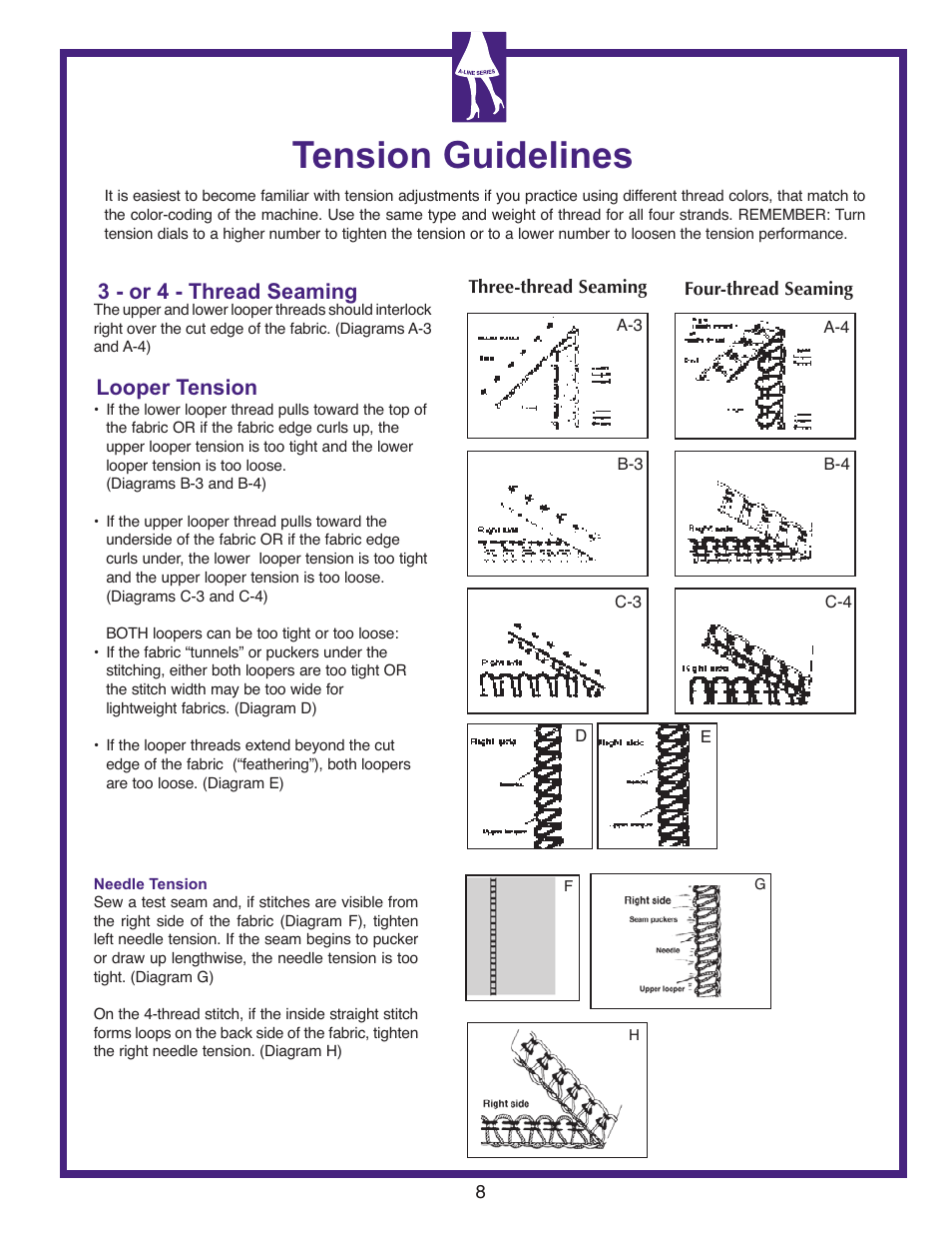 Tension guidelines, Looper tension 3 - or 4 - thread seaming | Baby Lock Lauren (BL450A) Let's Get Started Guide User Manual | Page 10 / 12