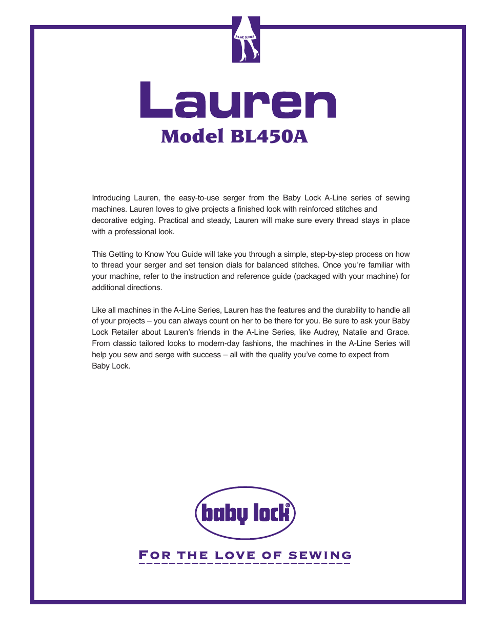 Model bl450a | Baby Lock Lauren (BL450A) Let's Get Started Guide User Manual | Page 2 / 12
