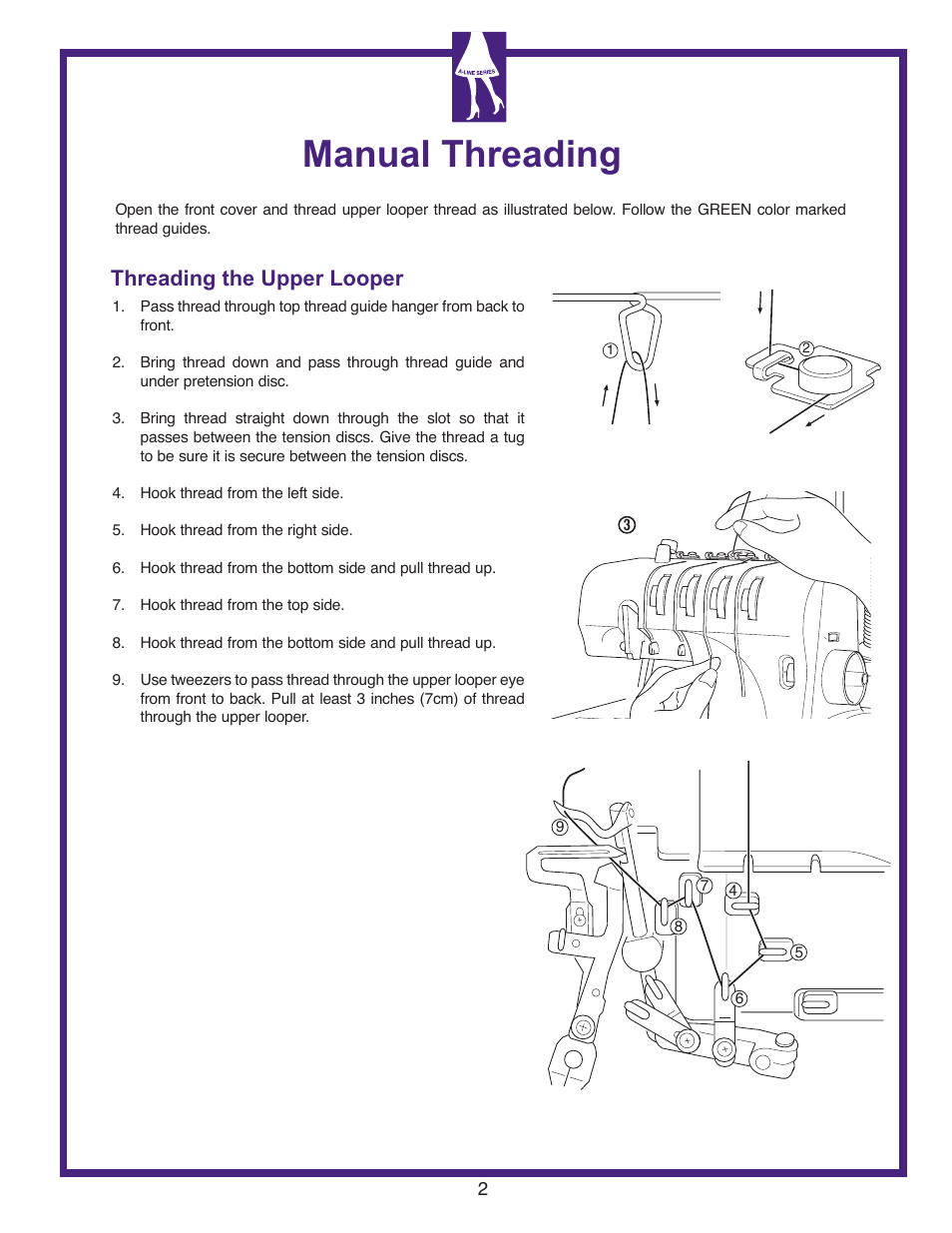 Manual threading, Threading the upper looper | Baby Lock Lauren (BL450A) Let's Get Started Guide User Manual | Page 4 / 12