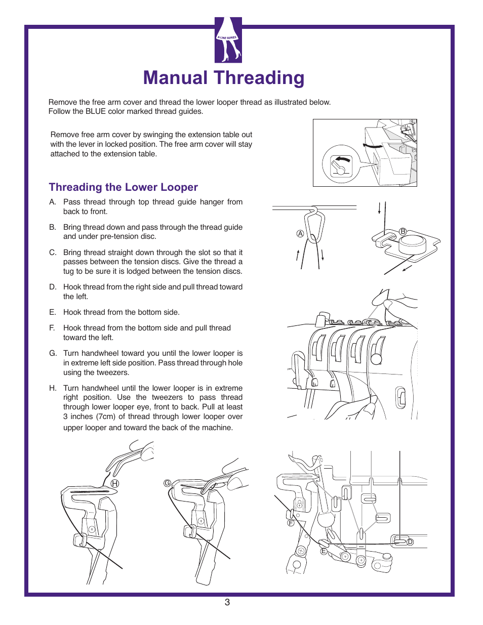 Manual threading, Threading the lower looper | Baby Lock Lauren (BL450A) Let's Get Started Guide User Manual | Page 5 / 12