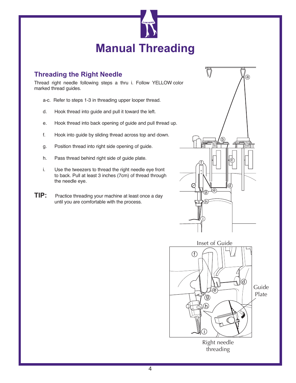 Manual threading, Threading the right needle | Baby Lock Lauren (BL450A) Let's Get Started Guide User Manual | Page 6 / 12