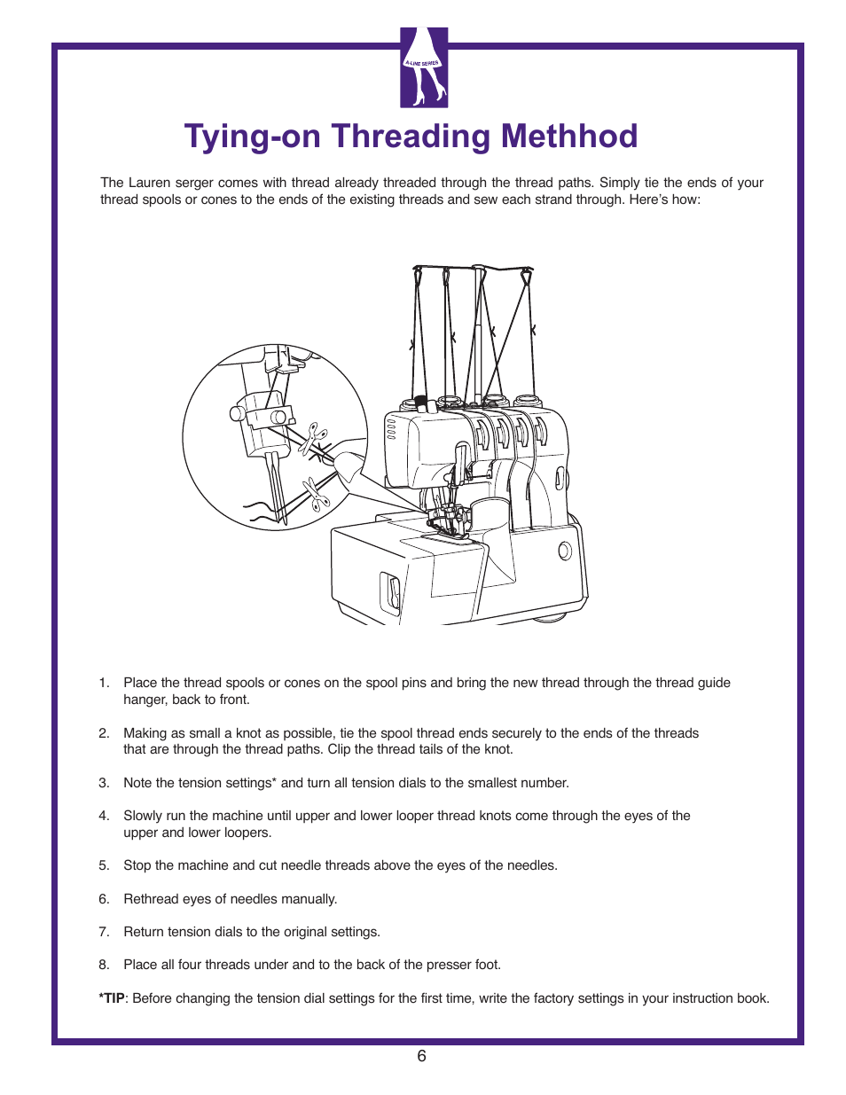 Tying-on threading methhod | Baby Lock Lauren (BL450A) Let's Get Started Guide User Manual | Page 8 / 12