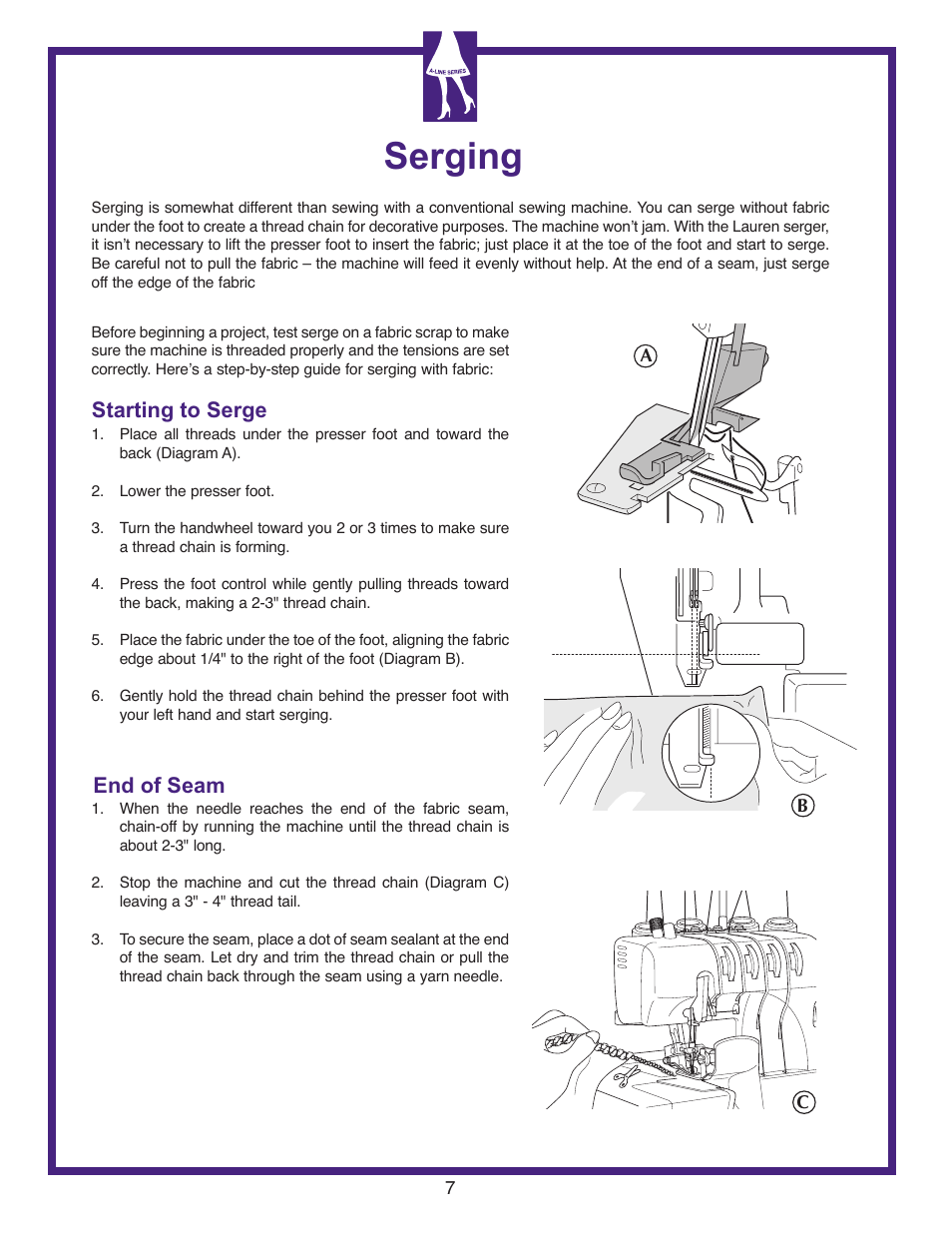 Serging, End of seam starting to serge | Baby Lock Lauren (BL450A) Let's Get Started Guide User Manual | Page 9 / 12