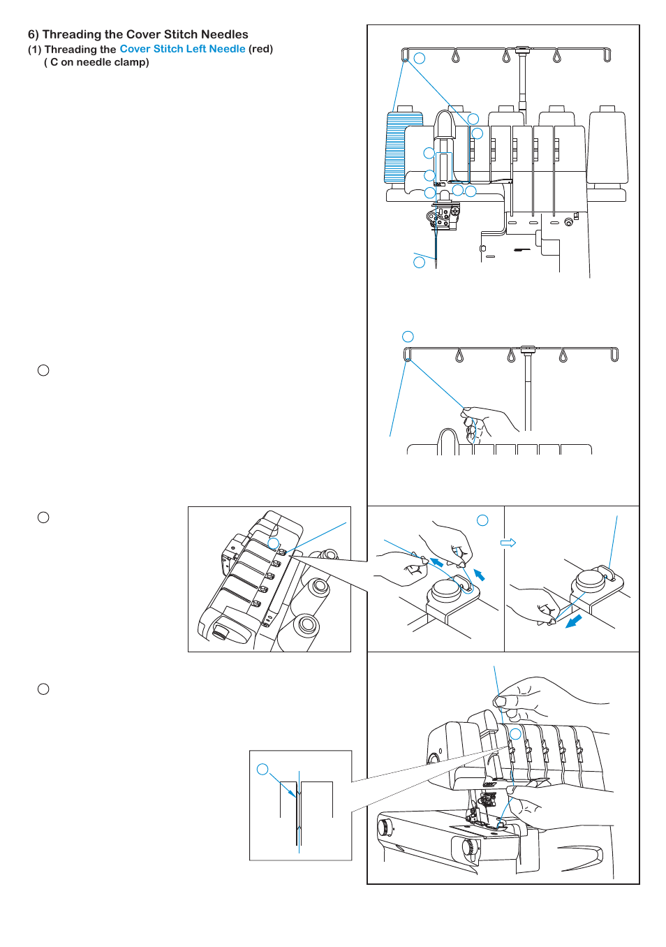 6) threading the cover stitch needles | Baby Lock Diana (BL480A) Instruction and Reference Guide User Manual | Page 24 / 71