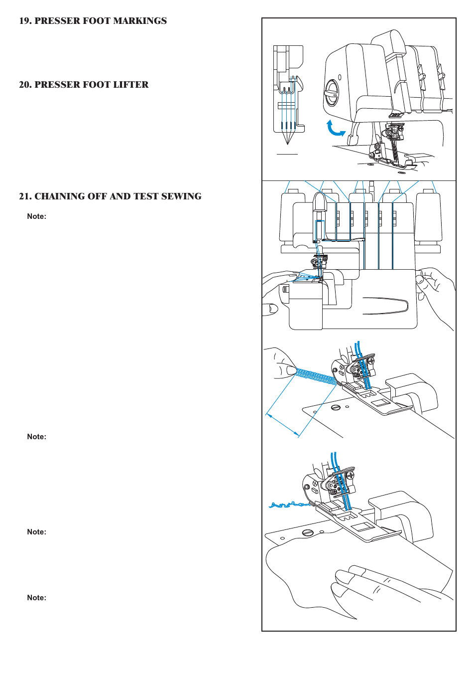 Chaining off and test sewing, Presser foot markings 20. presser foot lifter | Baby Lock Diana (BL480A) Instruction and Reference Guide User Manual | Page 34 / 71