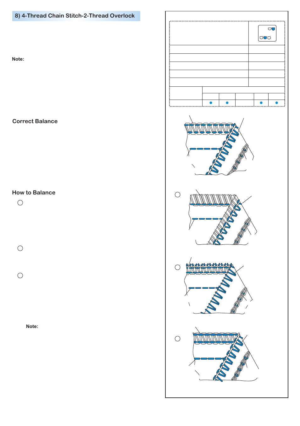 8) 4-thread chain stitch-2-thread overlock, Correct balance, How to balance | Baby Lock Diana (BL480A) Instruction and Reference Guide User Manual | Page 47 / 71