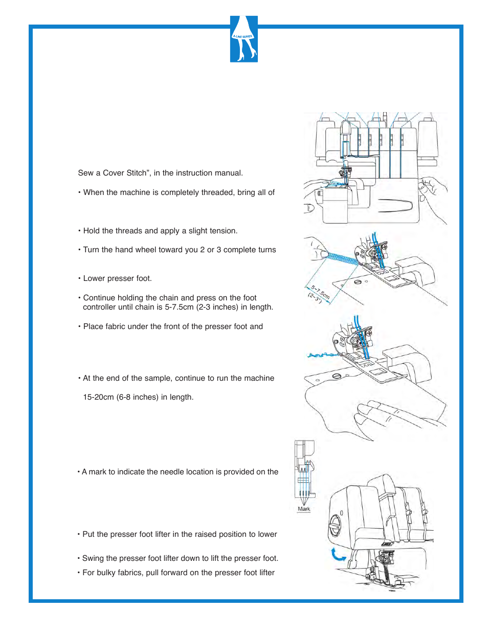 Starting to serge, Chaining off and test sewing, Presser foot markings | Presser foot lifter | Baby Lock Diana (BL480A) Getting to Know Guide User Manual | Page 24 / 32