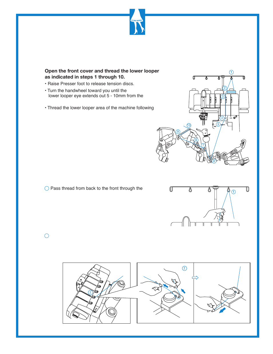Manual threading threading the lower looper (blue) | Baby Lock Diana (BL480A) Getting to Know Guide User Manual | Page 8 / 32