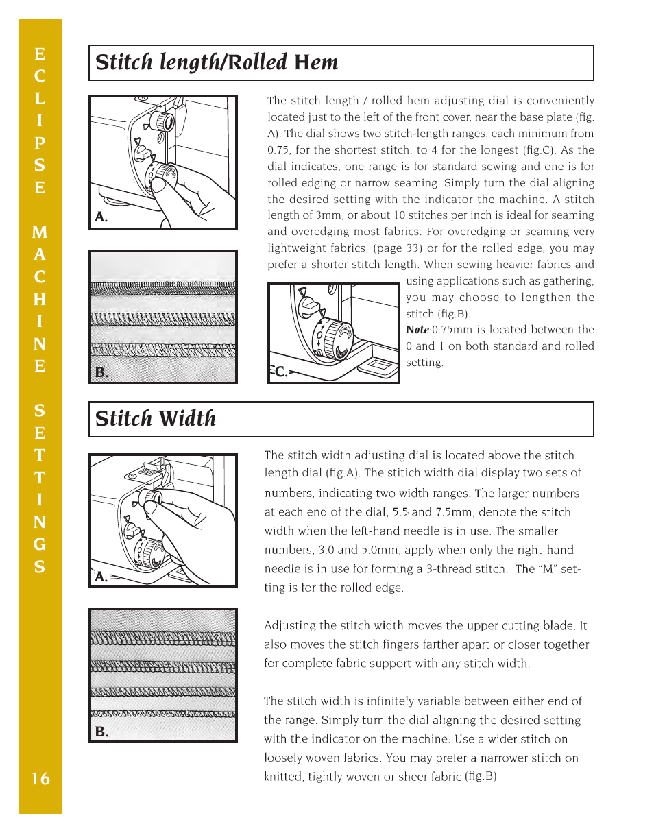 Stitch length/rolled hem, Stitch width, B. c | Fig.b) | Baby Lock Eclipse DX (BLE1DX-2) Instruction and Reference Guide User Manual | Page 18 / 48