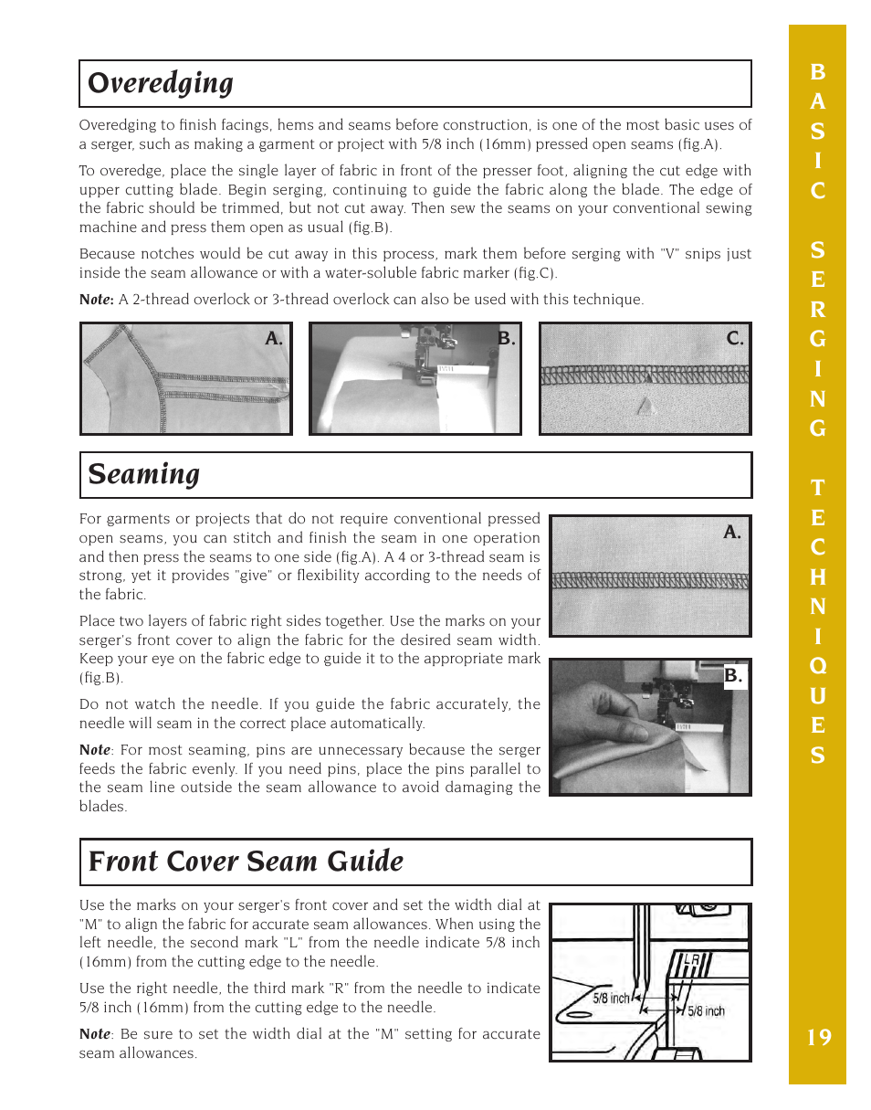 Overedging, Seaming front cover seam guide | Baby Lock Eclipse DX (BLE1DX-2) Instruction and Reference Guide User Manual | Page 21 / 48