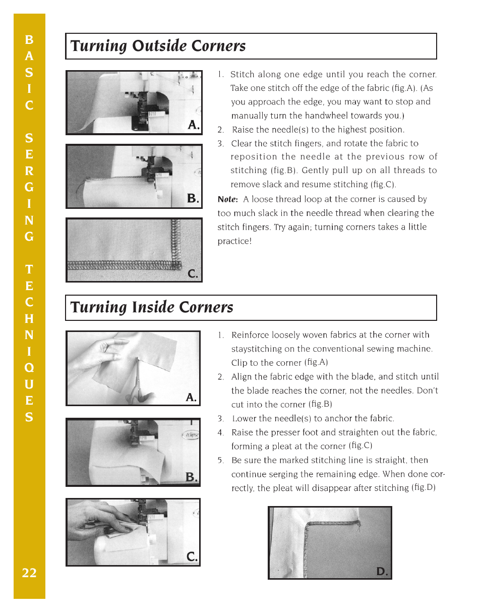 Turning outside corners turning inside corners | Baby Lock Eclipse DX (BLE1DX-2) Instruction and Reference Guide User Manual | Page 24 / 48