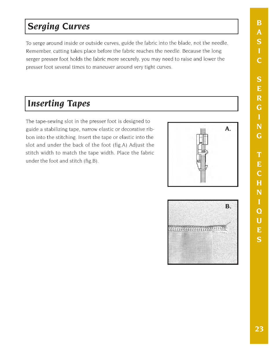 Serging curves, Inserting tapes | Baby Lock Eclipse DX (BLE1DX-2) Instruction and Reference Guide User Manual | Page 25 / 48