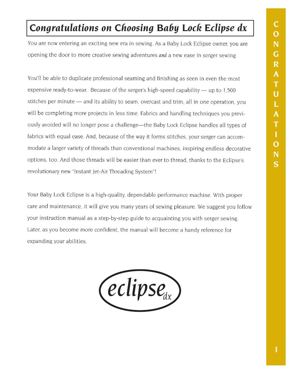 Baby Lock Eclipse DX (BLE1DX-2) Instruction and Reference Guide User Manual | Page 3 / 48