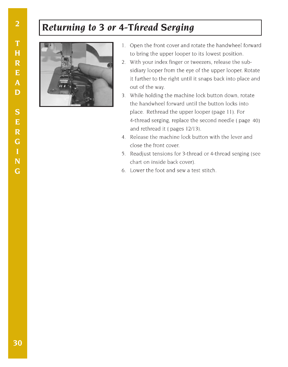 Returning to 3 or 4-thread serging | Baby Lock Eclipse DX (BLE1DX-2) Instruction and Reference Guide User Manual | Page 32 / 48