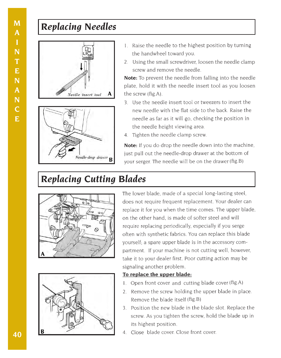 Replacing needles replacing cutting blades | Baby Lock Eclipse DX (BLE1DX-2) Instruction and Reference Guide User Manual | Page 42 / 48