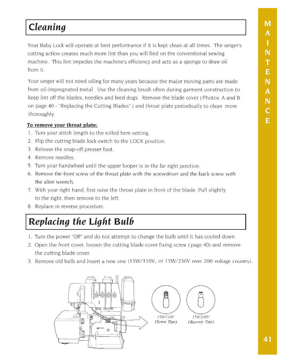 Cleaning replacing the light bulb | Baby Lock Eclipse DX (BLE1DX-2) Instruction and Reference Guide User Manual | Page 43 / 48