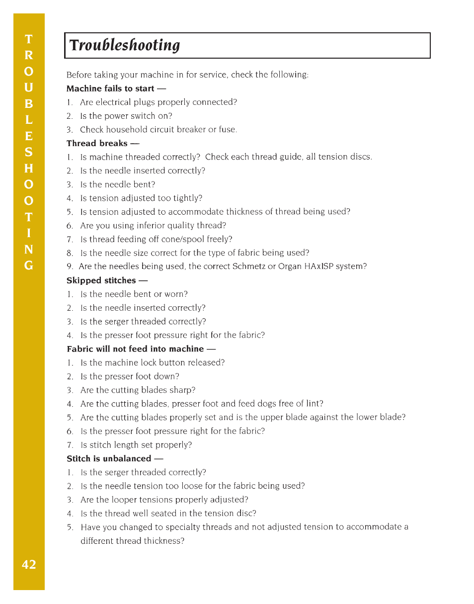 Troubleshooting | Baby Lock Eclipse DX (BLE1DX-2) Instruction and Reference Guide User Manual | Page 44 / 48