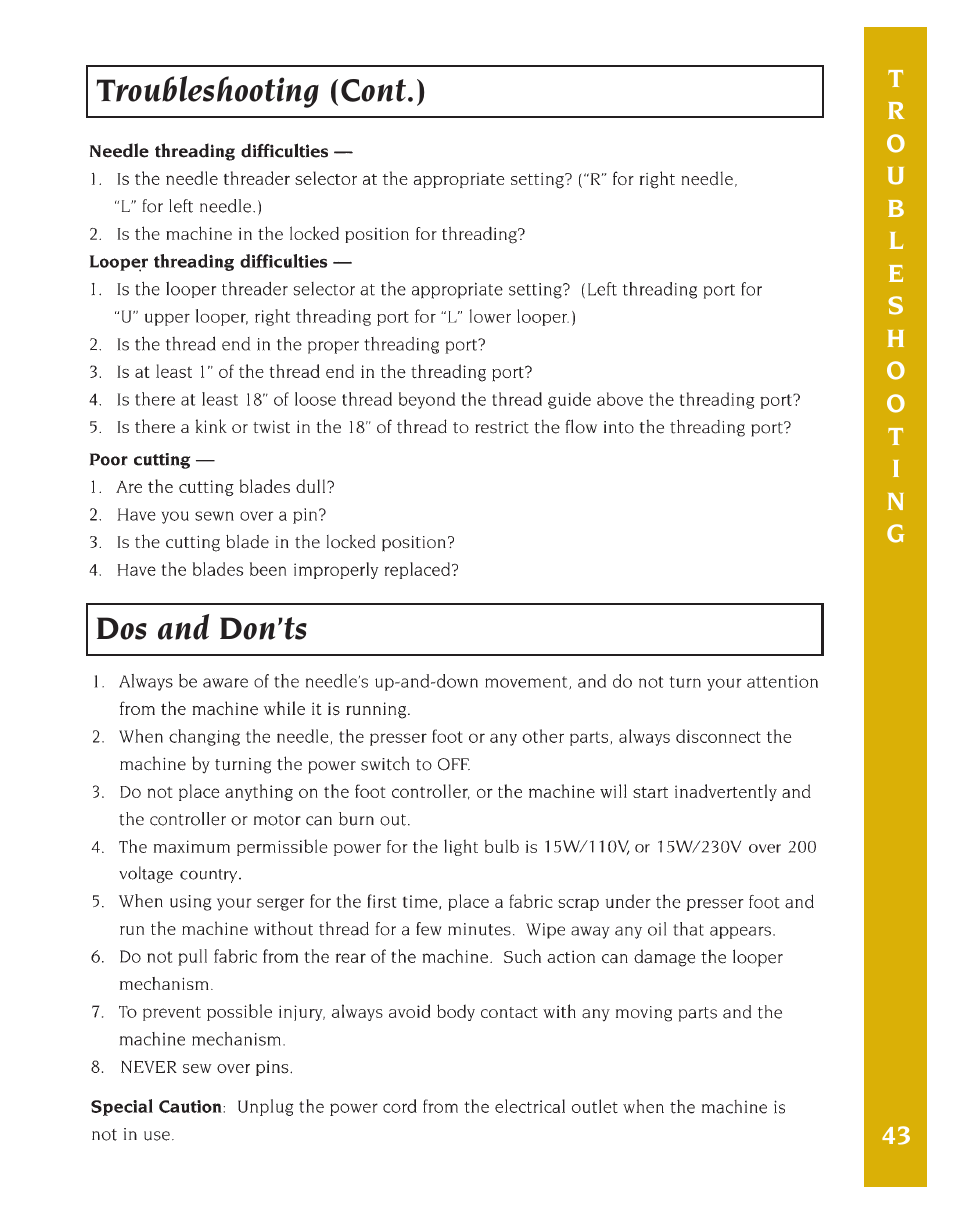 Troubleshooting (cont.) dos and don’ts | Baby Lock Eclipse DX (BLE1DX-2) Instruction and Reference Guide User Manual | Page 45 / 48