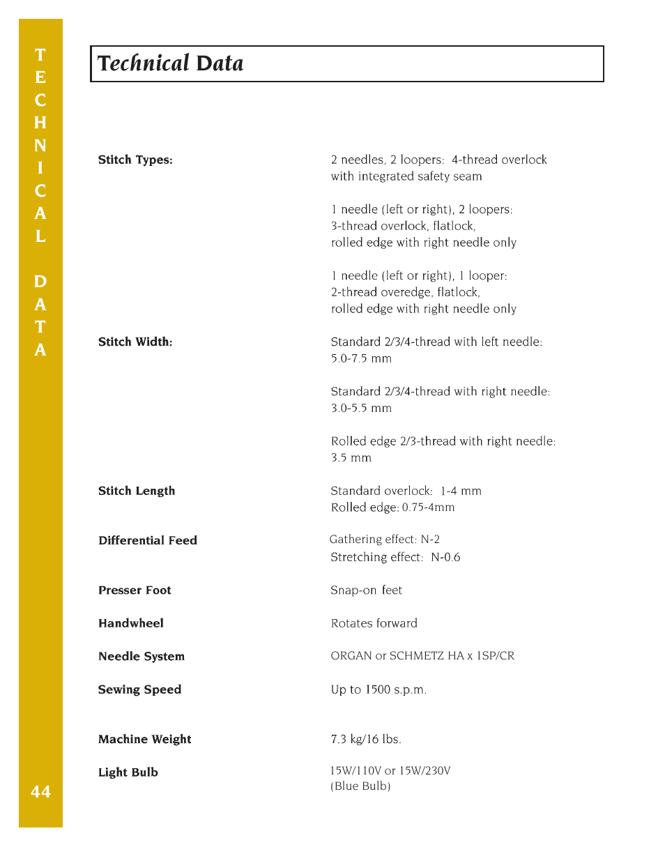 Technical data | Baby Lock Eclipse DX (BLE1DX-2) Instruction and Reference Guide User Manual | Page 46 / 48