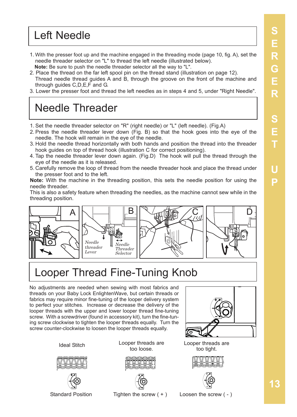 Left needle looper thread fine-tuning knob, Needle threader, Bc d | Baby Lock Enlighten (BLE3ATW-2) Instruction and Reference Guide User Manual | Page 15 / 56