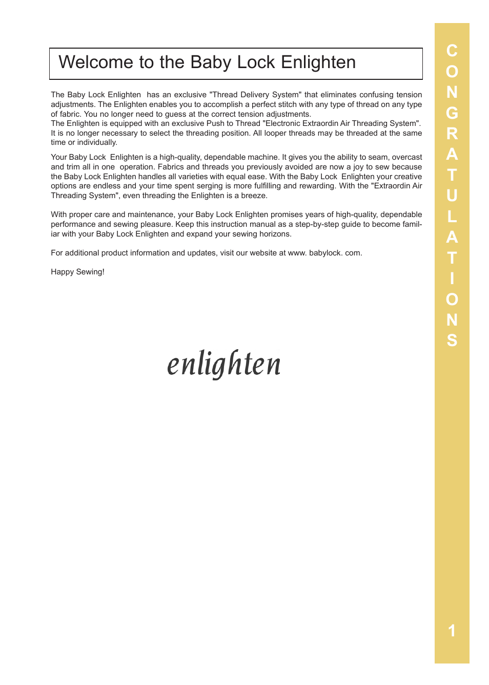 Welcome to the baby lock enlighten | Baby Lock Enlighten (BLE3ATW-2) Instruction and Reference Guide User Manual | Page 3 / 56