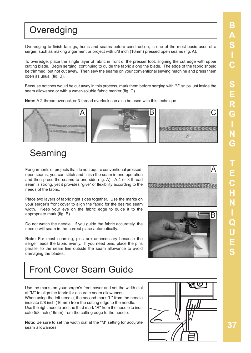 Overedging seaming, Front cover seam guide | Baby Lock Enlighten (BLE3ATW-2) Instruction and Reference Guide User Manual | Page 39 / 56