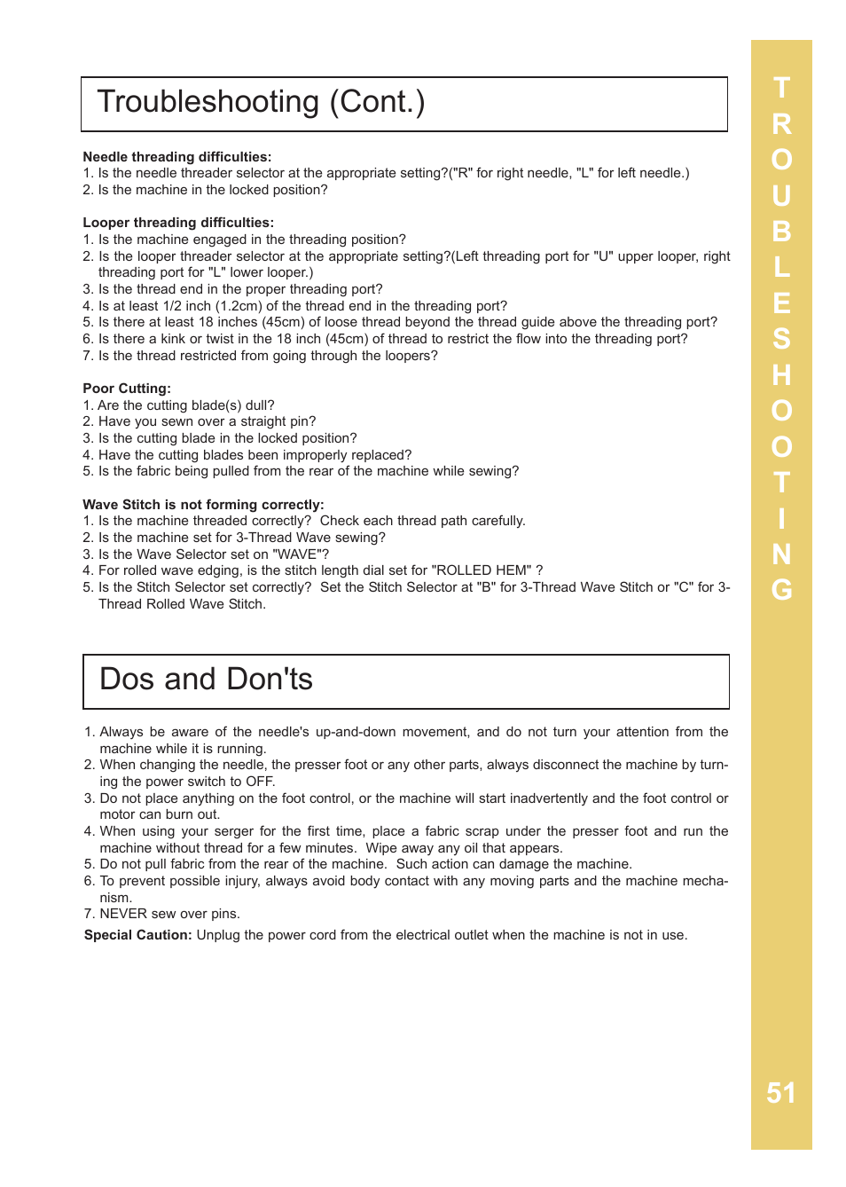 Troubleshooting (cont.) dos and don'ts | Baby Lock Enlighten (BLE3ATW-2) Instruction and Reference Guide User Manual | Page 53 / 56