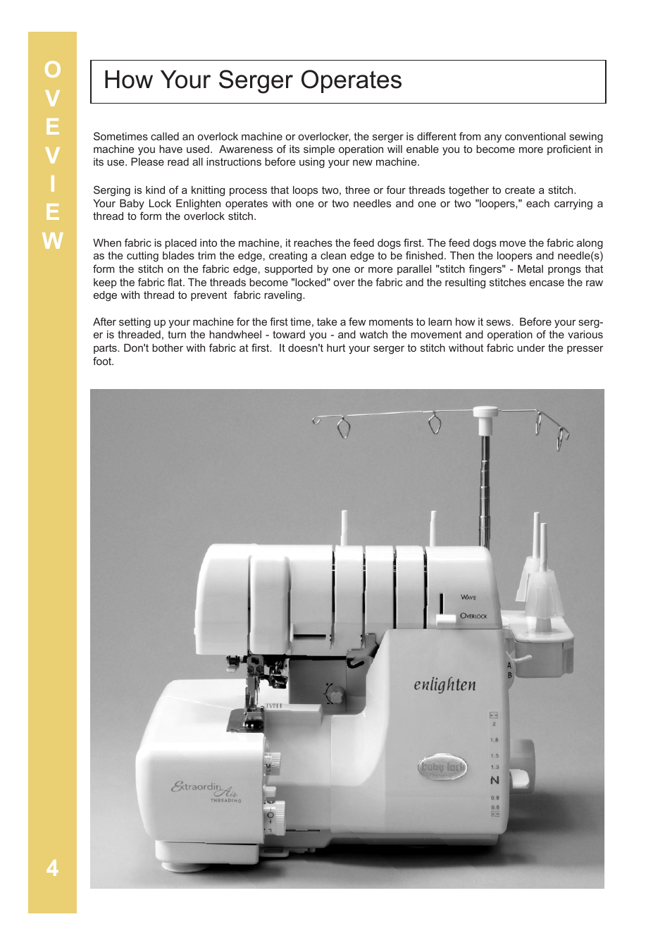 How your serger operates | Baby Lock Enlighten (BLE3ATW-2) Instruction and Reference Guide User Manual | Page 6 / 56