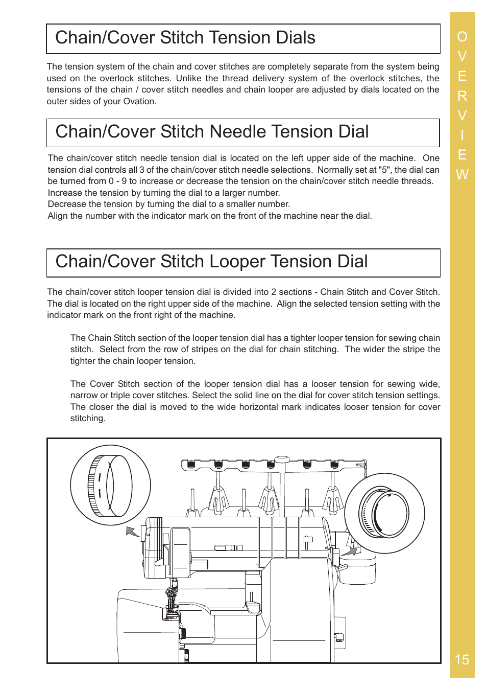 Chain/cover stitch tension dials, Chain/cover stitch needle tension dial, Chain/cover stitch looper tension dial | Baby Lock Ovation (BLES8) Instruction and Reference Guide User Manual | Page 17 / 92