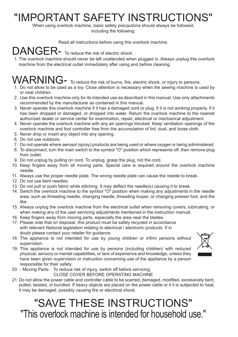 Important safety instructions, Danger, Warning | Baby Lock Ovation (BLES8) Instruction and Reference Guide User Manual | Page 2 / 92