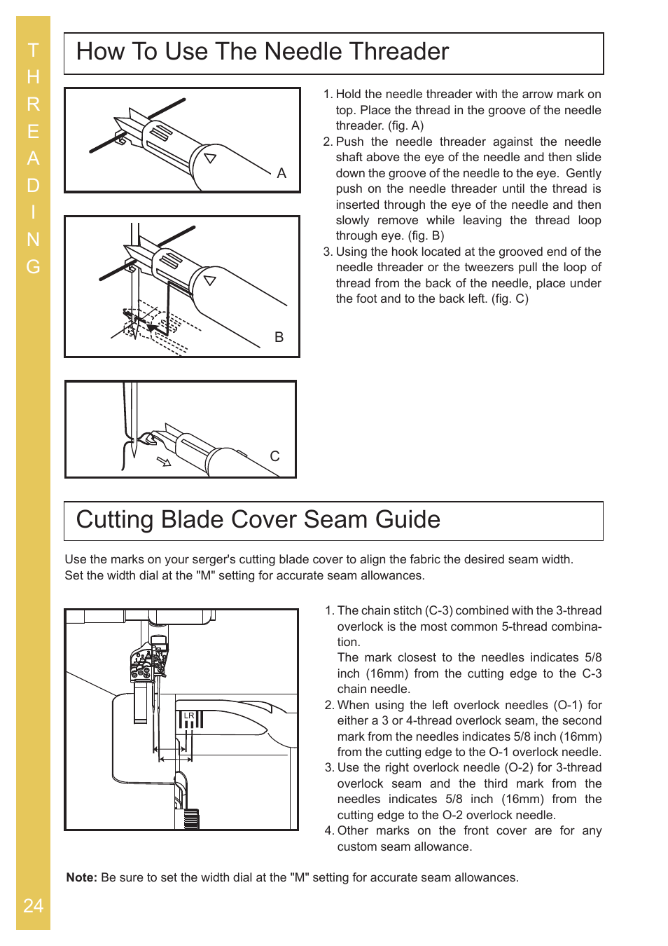 How to use the needle threader, Cutting blade cover seam guide | Baby Lock Ovation (BLES8) Instruction and Reference Guide User Manual | Page 26 / 92