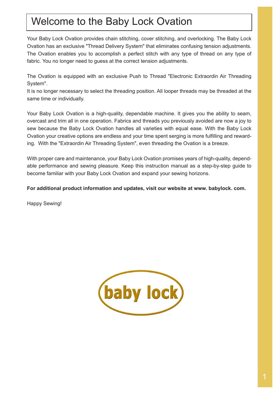 Welcome to the baby lock ovation | Baby Lock Ovation (BLES8) Instruction and Reference Guide User Manual | Page 3 / 92