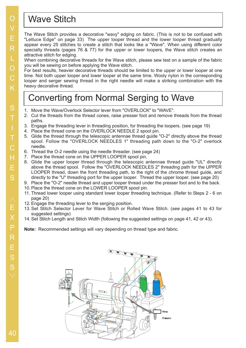 Wave stitch converting from normal serging to wave | Baby Lock Ovation (BLES8) Instruction and Reference Guide User Manual | Page 42 / 92