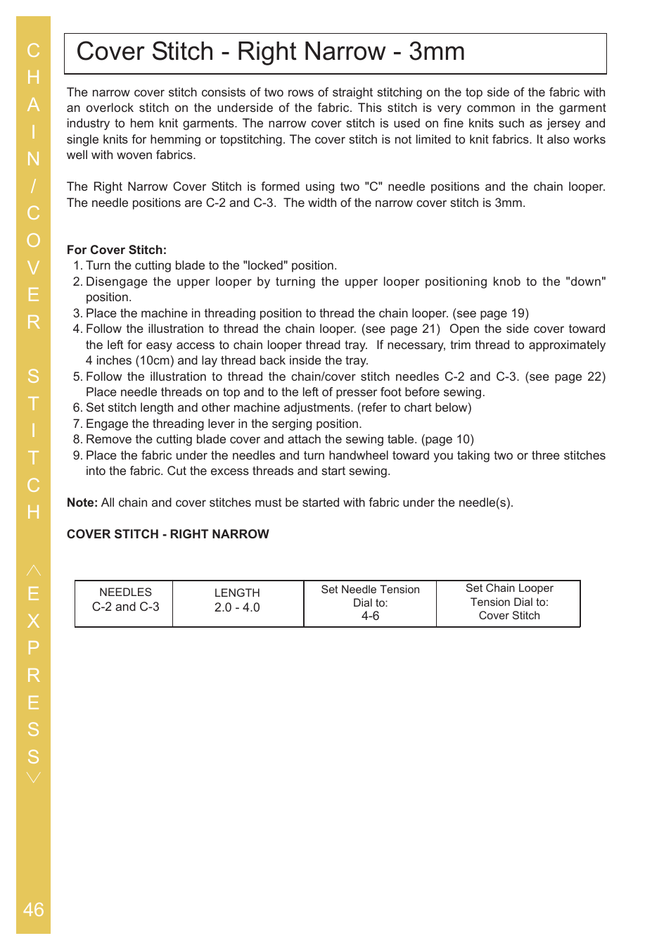 Cover stitch - right narrow - 3mm | Baby Lock Ovation (BLES8) Instruction and Reference Guide User Manual | Page 48 / 92