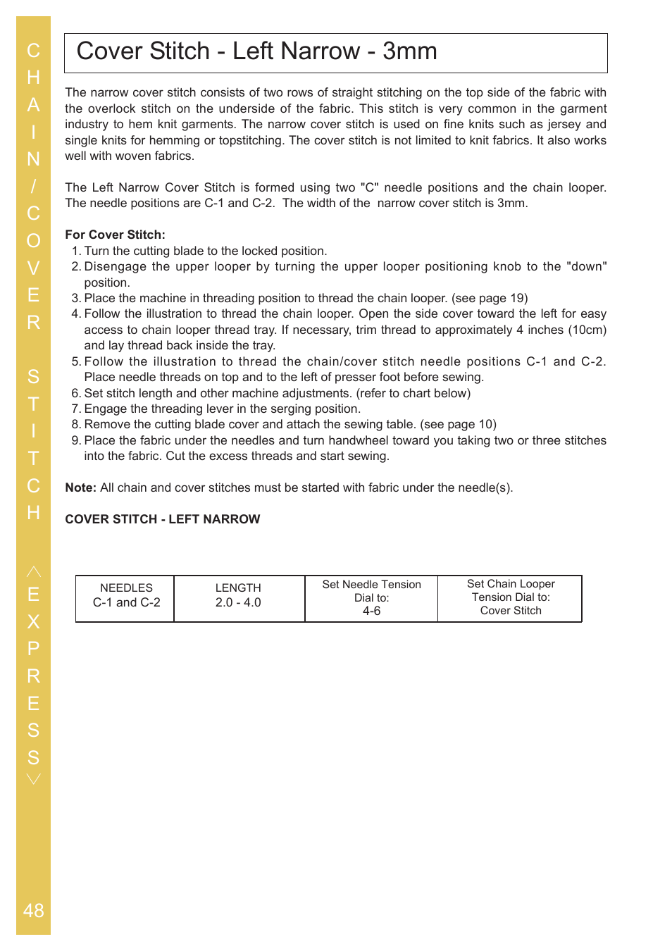 Cover stitch - left narrow - 3mm | Baby Lock Ovation (BLES8) Instruction and Reference Guide User Manual | Page 50 / 92