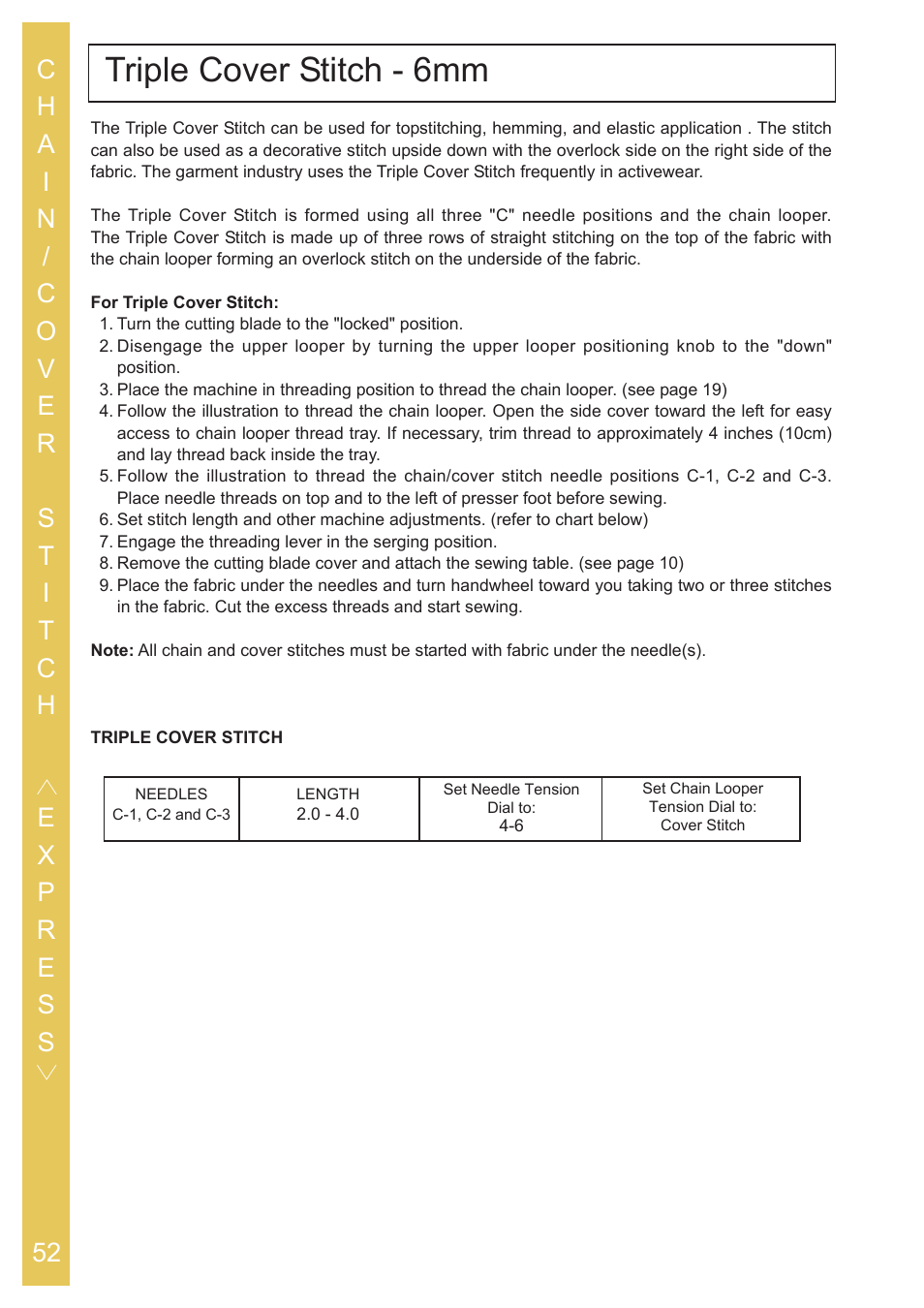 Triple cover stitch - 6mm | Baby Lock Ovation (BLES8) Instruction and Reference Guide User Manual | Page 54 / 92