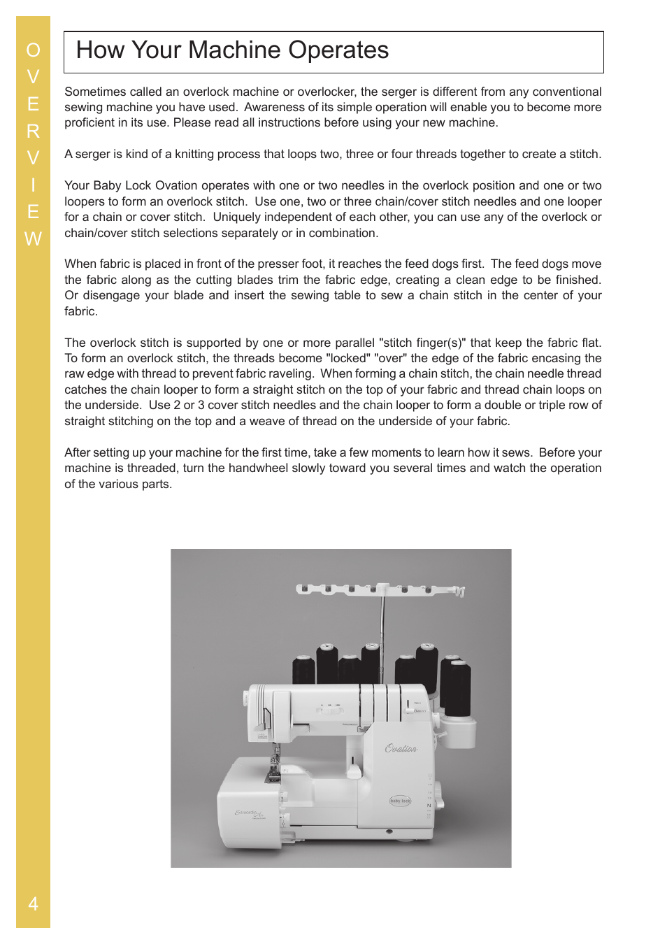 How your machine operates | Baby Lock Ovation (BLES8) Instruction and Reference Guide User Manual | Page 6 / 92