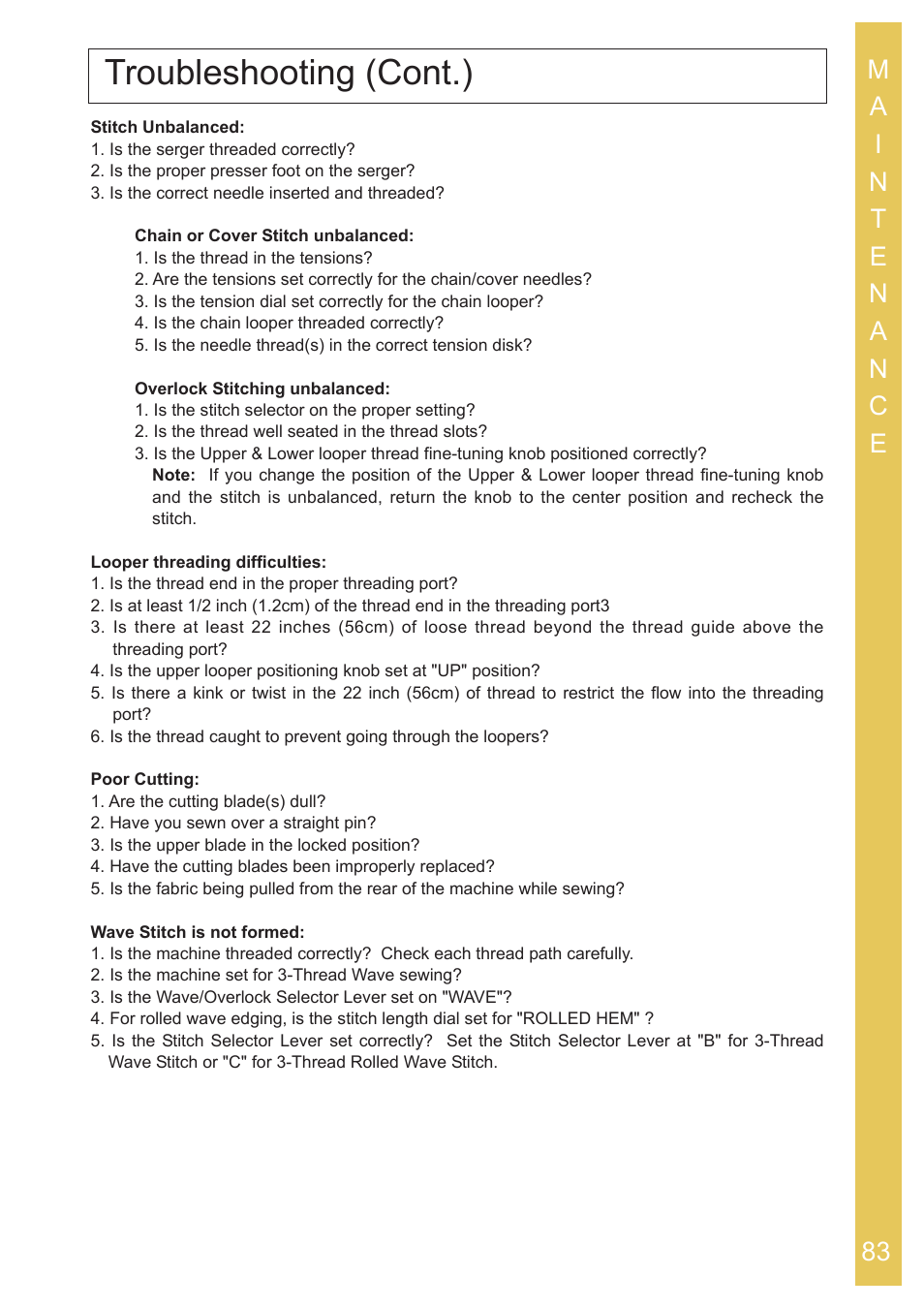 Troubleshooting (cont.) | Baby Lock Ovation (BLES8) Instruction and Reference Guide User Manual | Page 85 / 92