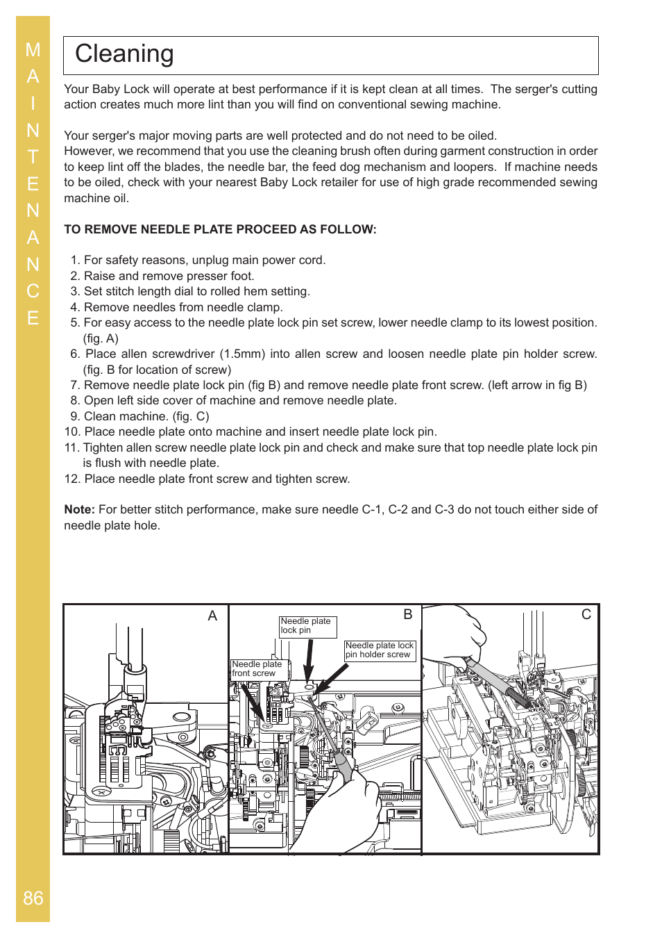 Cleaning, Ab c | Baby Lock Ovation (BLES8) Instruction and Reference Guide User Manual | Page 88 / 92