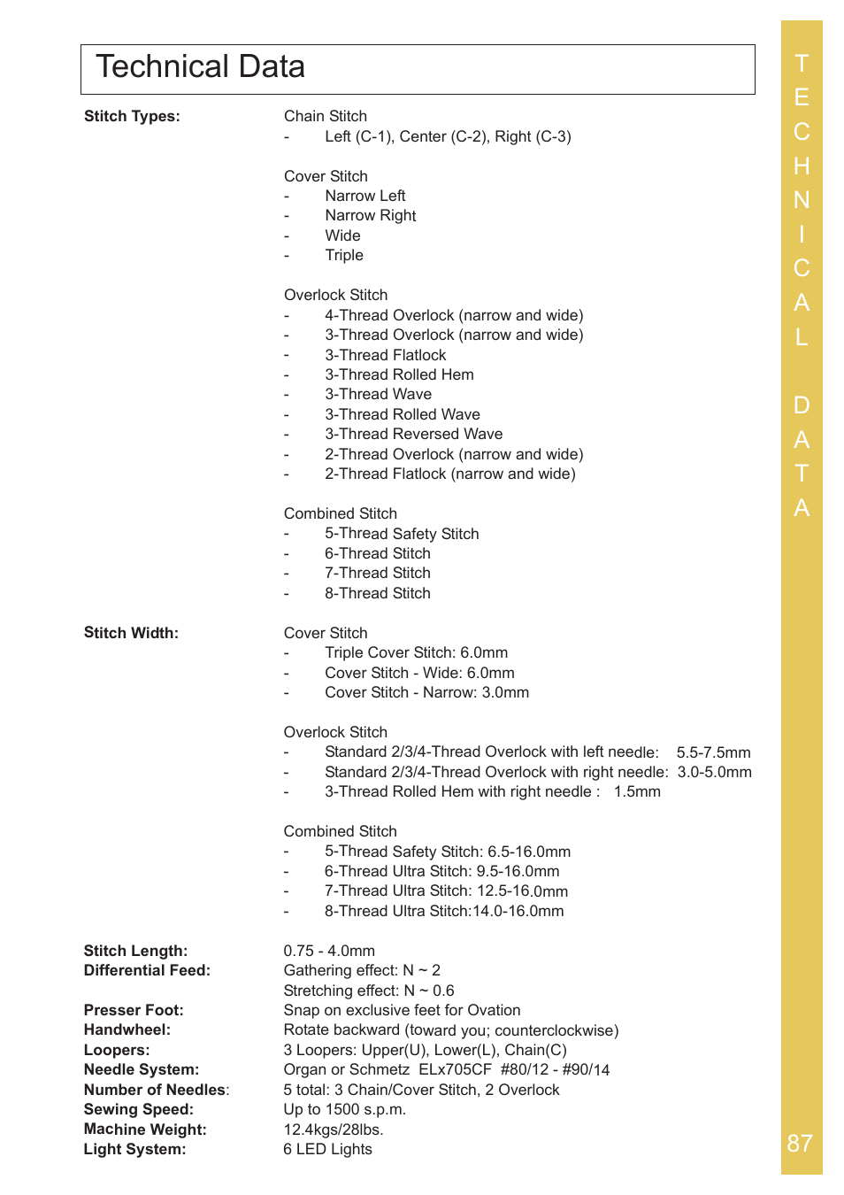 Technical data | Baby Lock Ovation (BLES8) Instruction and Reference Guide User Manual | Page 89 / 92