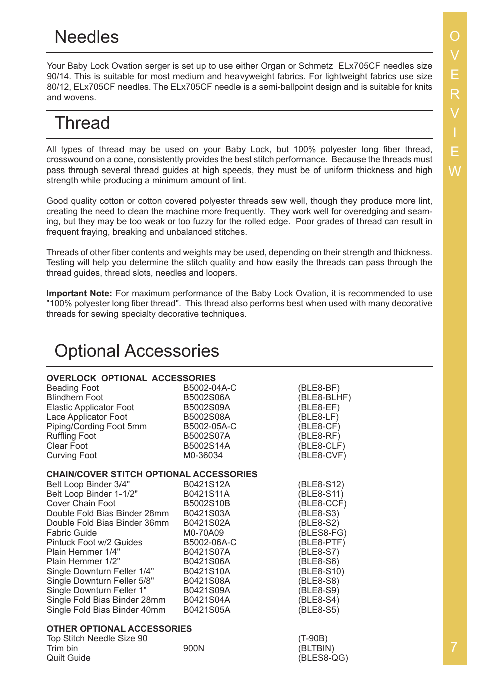 Needles thread, Optional accessories | Baby Lock Ovation (BLES8) Instruction and Reference Guide User Manual | Page 9 / 92