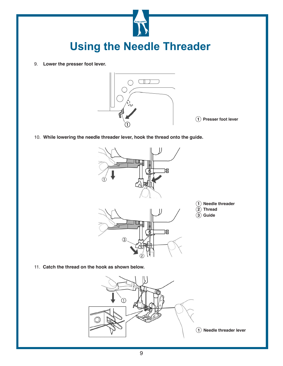 Using the needle threader | Baby Lock Grace (Previous Model) (BL40A) Quick Reference Guide User Manual | Page 11 / 20