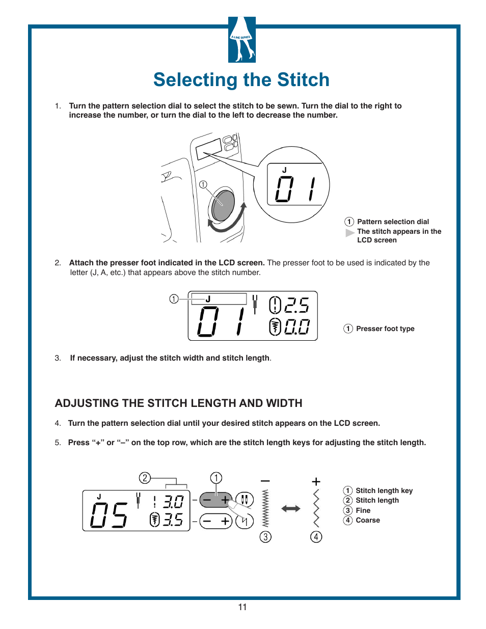 Selecting the stitch, Adjusting the stitch length and width | Baby Lock Grace (Previous Model) (BL40A) Quick Reference Guide User Manual | Page 13 / 20