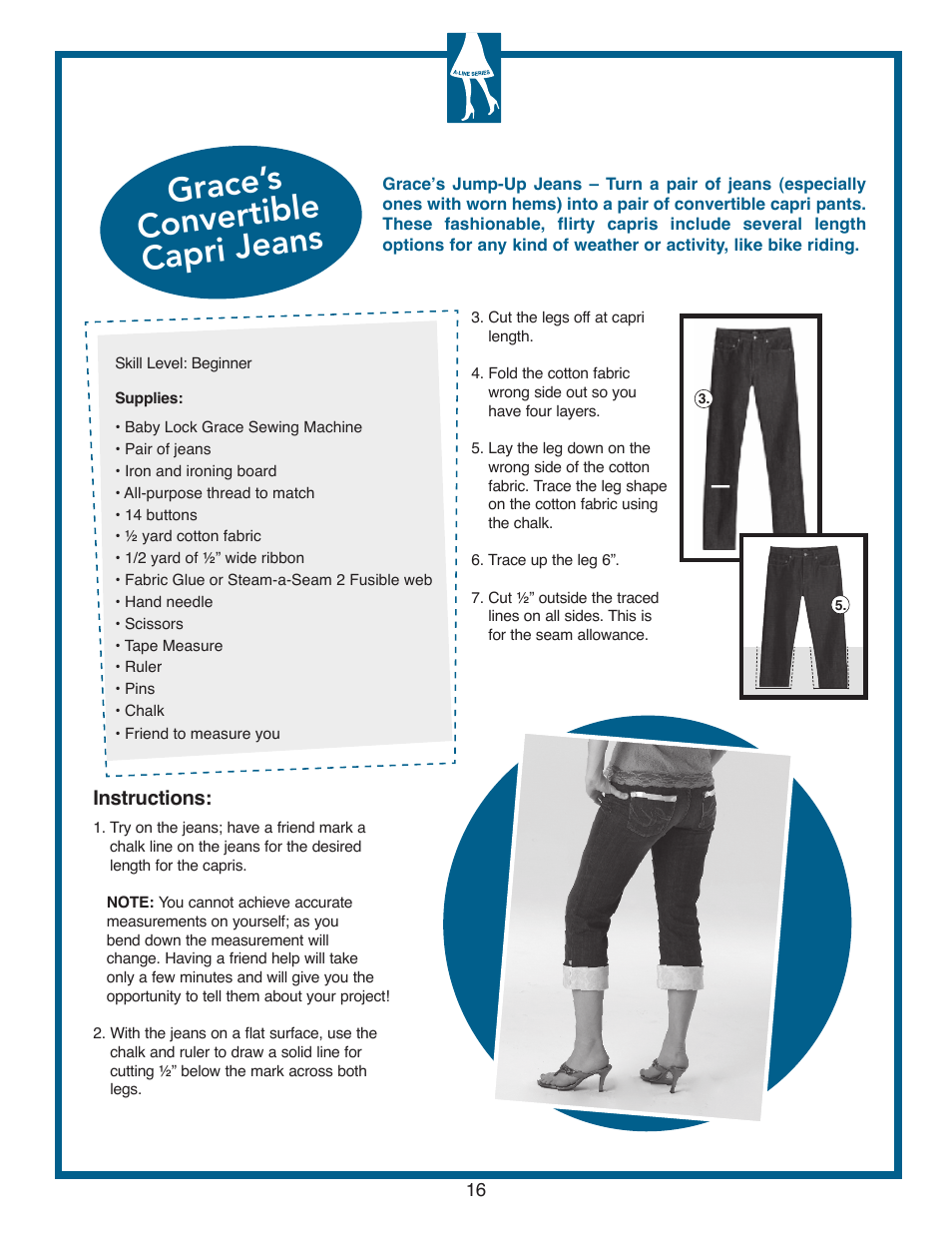 Grace’s convertible capri jeans, Instructions | Baby Lock Grace (Previous Model) (BL40A) Quick Reference Guide User Manual | Page 18 / 20