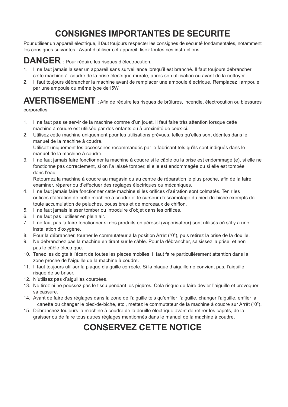 Consignes importantes de securite, Danger, Avertissement | Conservez cette notice | Baby Lock Maria (Previous Model) (BL23A) Instruction and Reference Guide User Manual | Page 3 / 78