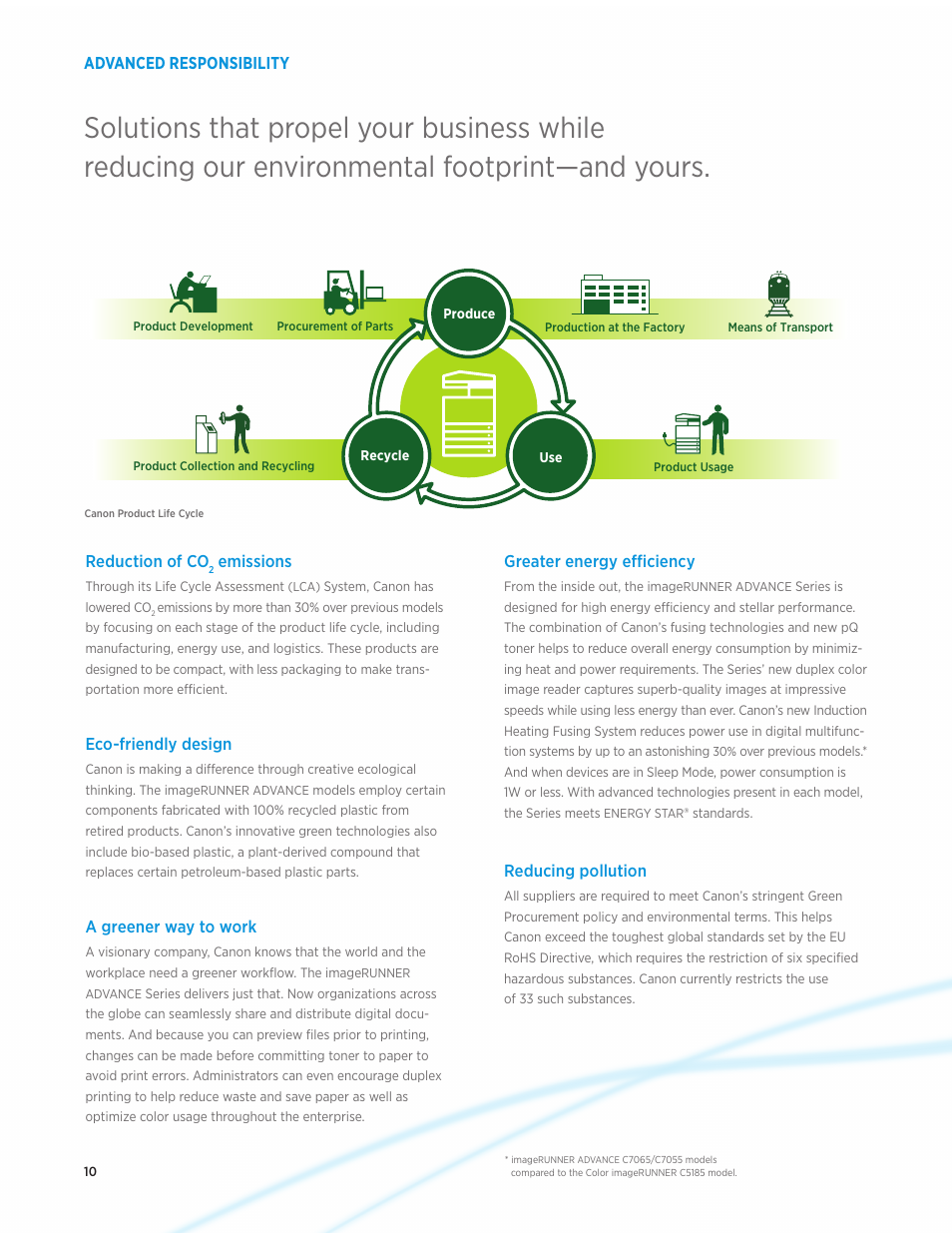Advanced responsibility, Reduction of co, Emissions | Eco-friendly design, A greener way to work, Greater energy efficiency, Reducing pollution | Canon IMAGERUNNER ADVANCE C7055 User Manual | Page 10 / 12