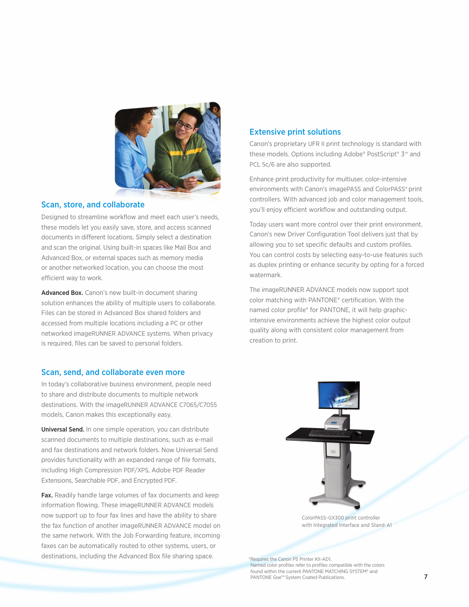 Scan, store, and collaborate, Scan, send, and collaborate even more, Extensive print solutions | Canon IMAGERUNNER ADVANCE C7055 User Manual | Page 7 / 12