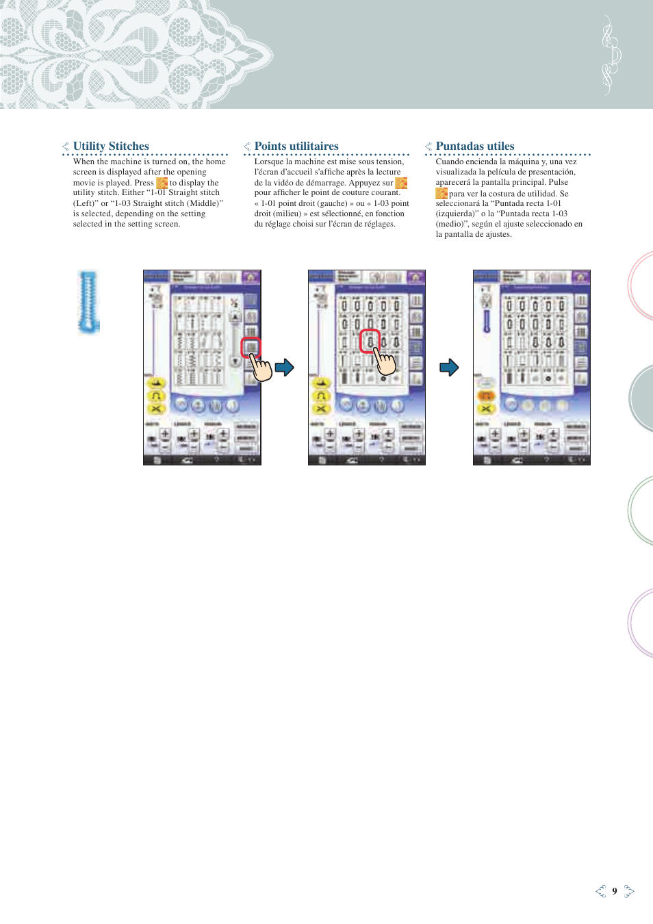 Utility stitches, Points utilitaires, Puntadas utiles | Baby Lock Ellisimo Gold 2 (BLSOG2) Quick Reference Guide User Manual | Page 11 / 96