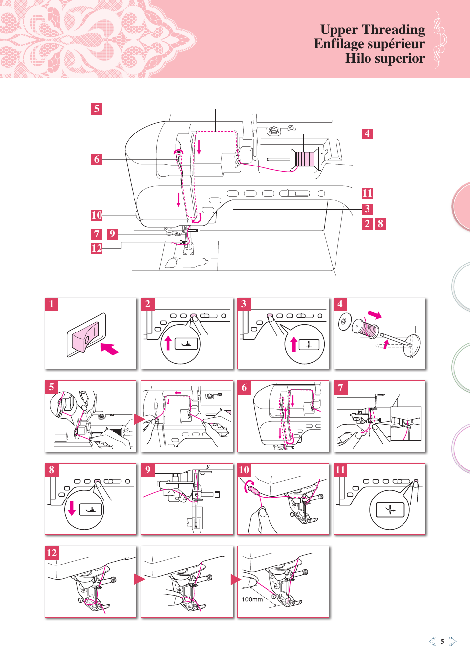 Upper threading enfilage supérieur hilo superior | Baby Lock Ellisimo Gold 2 (BLSOG2) Quick Reference Guide User Manual | Page 7 / 96