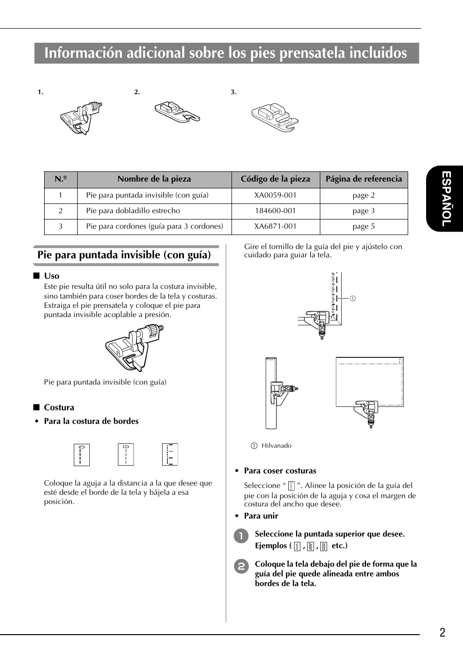 2español, Pie para puntada invisible (con guía) | Baby Lock Ellisimo Gold 2 (BLSOG2) Instruction and Reference Guide Addendum User Manual | Page 13 / 32